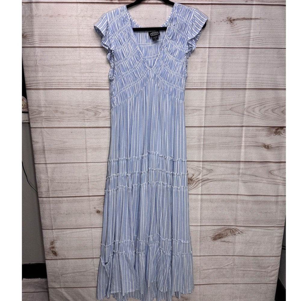 Angie Maxi Dress Womens Large Blue Stripe Smocked Tiered Ruffle Boho Summer